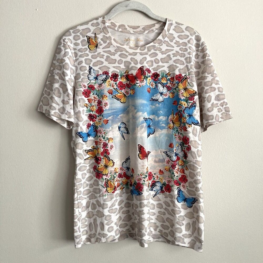 Johnny Was Womens Pima Cotton Animal Print Floral Butterfly T-Shirt Size Small